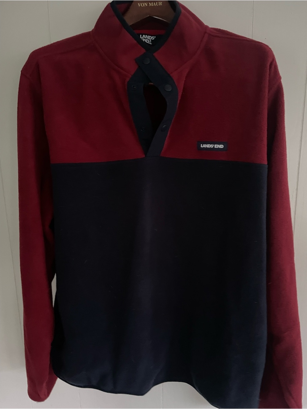 Lands' End Mens Two-Tone Burgundy and Navy Fleece Pullover Size-XL
